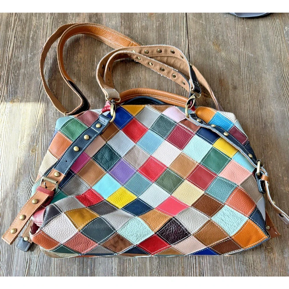 Genuine Leather Color Purse bohemian Handbag duffle studded patchwork quilt tote - Picture 2 of 9